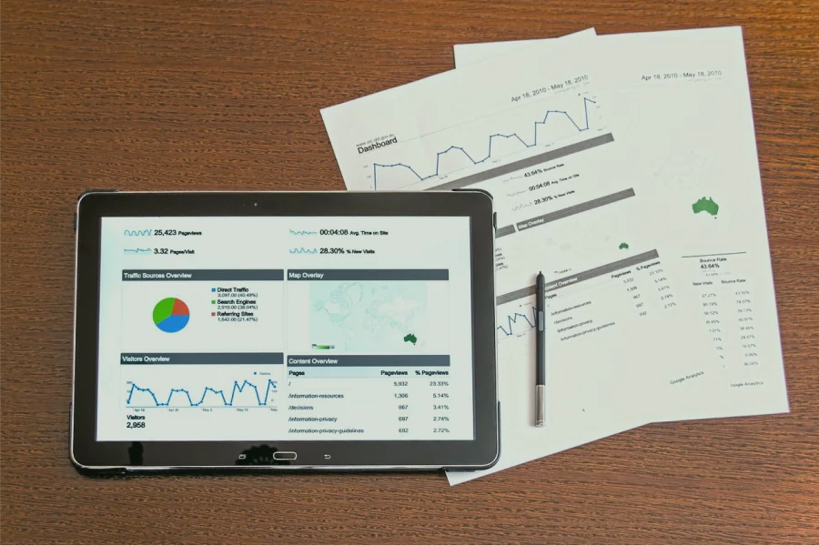 Su una scrivania di legno, accanto a grafici stampati e a una penna, è posizionato un tablet che visualizza dashboard di analisi, grafici a linee, tabelle di dati e metriche di performance.