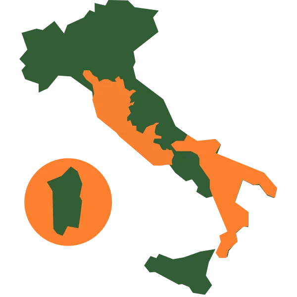 Carta semplificata dell'Italia con le regioni colorate in arancione e verde. Un inserto mostra l'isola di Sardegna evidenziata, utilizzando lo stesso schema di colori.