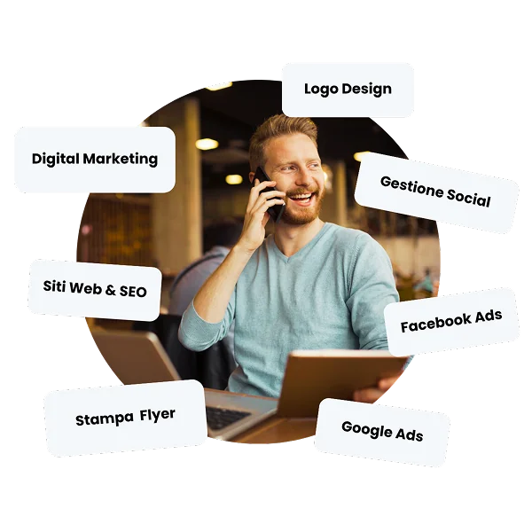 Un uomo sorridente parla al telefono mentre utilizza un computer portatile. Intorno a lui ci sono le etichette: Digital Marketing, Logo Design, Gestione Social, Siti Web & SEO, Facebook Ads, Stampa Flyer e Google Ads.