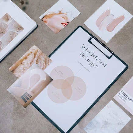 A clipboard displays a paper titled What is Brand Strategy? with a Venn diagram, surrounded by various aesthetic photos and design prints, all laid out on a neutral tabletop.
