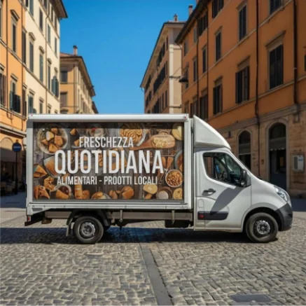 A white delivery truck with a large sign displaying assorted breads and the Italian words Freschezza Quotidiana, Alimentari - Prodotti Locali is parked on a cobblestone street in a European city.