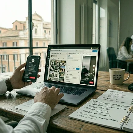 Una persona è seduta a una scrivania di legno con un computer portatile e uno smartphone, mentre gestisce i post sui social media. Sulla scrivania ci sono un taccuino con appunti scritti a mano, una penna e una tazza di caffè. Grandi finestre mostrano gli edifici esterni.