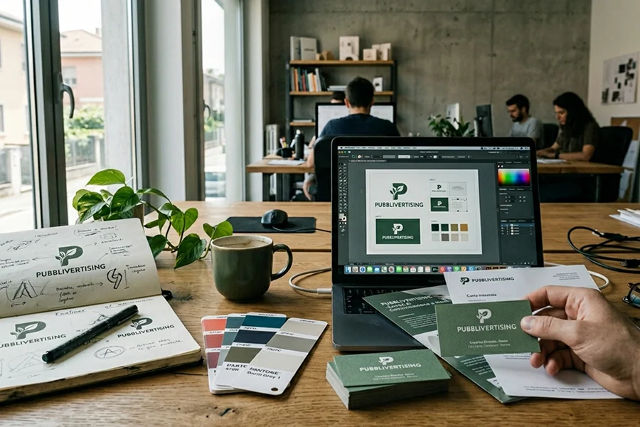 Uno spazio di lavoro con materiali di design, un computer portatile che mostra un lavoro di branding, campioni di colore, schizzi e una tazza di caffè su una scrivania di legno. Sullo sfondo, tre persone lavorano in un ufficio moderno.
